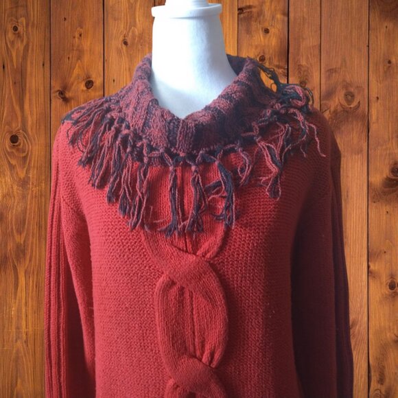 FIA Italia Women's Large Red Pullover Fringe Neckline Handloomed Vintage Sweater - Picture 2 of 6